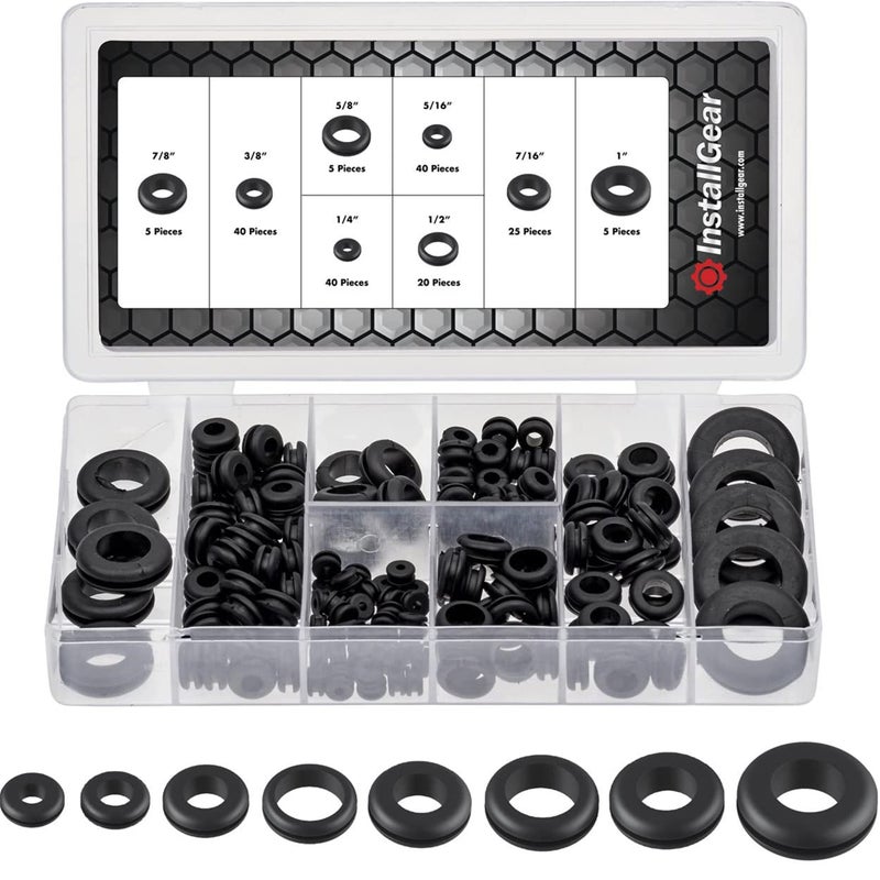 InstallGear 180pc Assorted Rubber Grommet Kit - 8 Sizes (1/4", 5/16", 3/8", 7/16", 1/2", 5/8", 7/8", 1") | Car Grommet Kit Assortment Rubber Wire Grommets for Wiring Automotive - Image 1